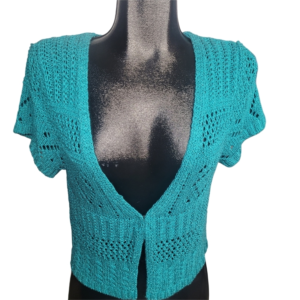 Studio Mode Vintage Y2K Teal Crochet Short Sleeve Bolero Size M